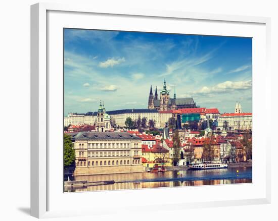 Vintage Retro Hipster Style Travel Image of Charles Bridge over Vltava River and Gradchany (Prague-f9photos-Framed Photographic Print