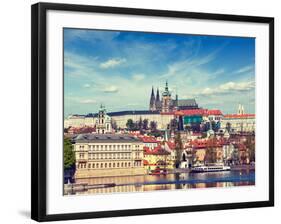 Vintage Retro Hipster Style Travel Image of Charles Bridge over Vltava River and Gradchany (Prague-f9photos-Framed Photographic Print