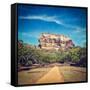 Vintage Retro Hipster Style Travel Image of Famous Ancient Sigiriya Rock with Grunge Texture Overla-f9photos-Framed Stretched Canvas