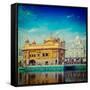 Vintage Retro Hipster Style Travel Image of Famous India Attraction Sikh Gurdwara Golden Temple (Ha-f9photos-Framed Stretched Canvas