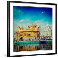 Vintage Retro Hipster Style Travel Image of Famous India Attraction Sikh Gurdwara Golden Temple (Ha-f9photos-Framed Photographic Print