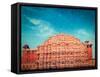 Vintage Retro Hipster Style Travel Image of Famouse Rajasthan Landmark - Hawa Mahal Palace (Palace-f9photos-Framed Stretched Canvas