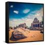 Vintage Retro Hipster Style Travel Image of Five Rathas - Ancient Hindu Monolithic Indian Rock-Cut-f9photos-Framed Stretched Canvas