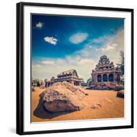 Vintage Retro Hipster Style Travel Image of Five Rathas - Ancient Hindu Monolithic Indian Rock-Cut-f9photos-Framed Photographic Print