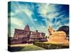 Vintage Retro Hipster Style Travel Image of Hindu Temple Gangai Konda Cholapuram with Giant Statue-f9photos-Stretched Canvas