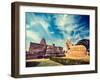 Vintage Retro Hipster Style Travel Image of Hindu Temple Gangai Konda Cholapuram with Giant Statue-f9photos-Framed Photographic Print