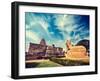 Vintage Retro Hipster Style Travel Image of Hindu Temple Gangai Konda Cholapuram with Giant Statue-f9photos-Framed Photographic Print