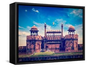 Vintage Retro Hipster Style Travel Image of India Travel Tourism Background - Red Fort (Lal Qila) D-f9photos-Framed Stretched Canvas