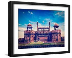Vintage Retro Hipster Style Travel Image of India Travel Tourism Background - Red Fort (Lal Qila) D-f9photos-Framed Photographic Print