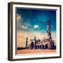 Vintage Retro Hipster Style Travel Image of Jama Masjid - Largest Muslim Mosque in India with Grung-f9photos-Framed Photographic Print