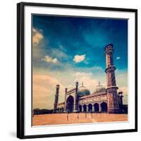 Vintage Retro Hipster Style Travel Image of Jama Masjid - Largest Muslim Mosque in India with Grung-f9photos-Framed Photographic Print