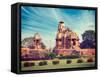 Vintage Retro Hipster Style Travel Image of Khajuraho Devi Jagdamba Temple and Mahadev Mandapa on S-f9photos-Framed Stretched Canvas