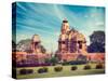 Vintage Retro Hipster Style Travel Image of Khajuraho Devi Jagdamba Temple and Mahadev Mandapa on S-f9photos-Stretched Canvas