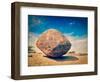 Vintage Retro Hipster Style Travel Image of Krishna's Butterball -  Balancing Giant Natural Rock St-f9photos-Framed Photographic Print