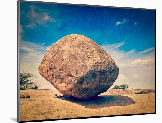 Vintage Retro Hipster Style Travel Image of Krishna's Butterball -  Balancing Giant Natural Rock St-f9photos-Mounted Photographic Print