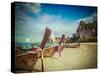 Vintage Retro Hipster Style Travel Image of Long Tail Boats on Tropical Beach (Railay Beach) in Tha-f9photos-Stretched Canvas