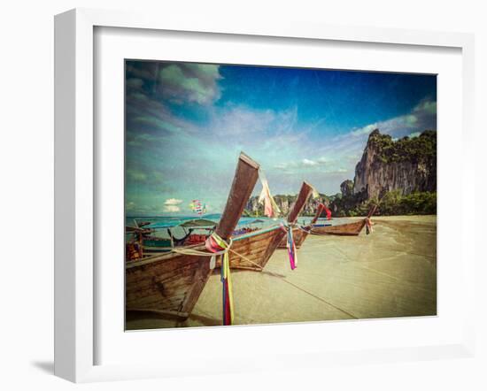 Vintage Retro Hipster Style Travel Image of Long Tail Boats on Tropical Beach (Railay Beach) in Tha-f9photos-Framed Photographic Print