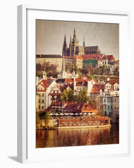 Vintage Retro Hipster Style Travel Image of Mala Strana and  Prague Castle over Vltava River with G-f9photos-Framed Photographic Print