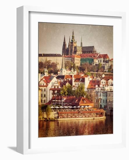 Vintage Retro Hipster Style Travel Image of Mala Strana and  Prague Castle over Vltava River with G-f9photos-Framed Photographic Print