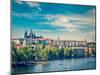 Vintage Retro Hipster Style Travel Image of Panorama View of Vltava River, Gradchany (Prague Castle-f9photos-Mounted Photographic Print