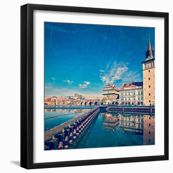 Vintage Retro Hipster Style Travel Image of Prague Stare Mesto Embankment View from Charles Bridge-f9photos-Framed Photographic Print