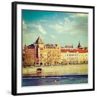 Vintage Retro Hipster Style Travel Image of Prague Stare Mesto Embankment View from Charles Bridge-f9photos-Framed Photographic Print