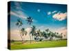 Vintage Retro Hipster Style Travel Image of  Rural Indian Scene - Rice Paddy Field and Palms. Tamil-f9photos-Stretched Canvas