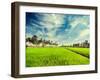 Vintage Retro Hipster Style Travel Image of Rural Indian Scene - Rice Paddy Field and Palms with Gr-f9photos-Framed Photographic Print