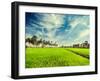 Vintage Retro Hipster Style Travel Image of Rural Indian Scene - Rice Paddy Field and Palms with Gr-f9photos-Framed Photographic Print