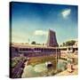 Vintage Retro Hipster Style Travel Image of Sri Menakshi Temple Water Tank, Madurai, Tamil Nadu, In-f9photos-Stretched Canvas