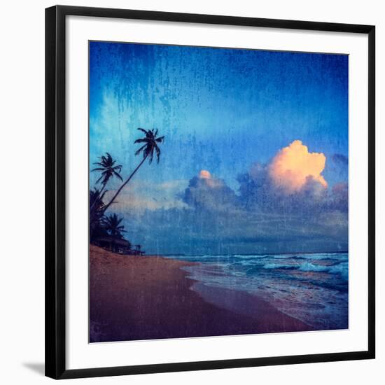 Vintage Retro Hipster Style Travel Image of Sunset on Tropical Beach. Sri Lanka with Grunge Texture-f9photos-Framed Photographic Print