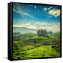 Vintage Retro Hipster Style Travel Image of Tea Plantations with Grunge Texture Overlaid. Munnar, K-f9photos-Framed Stretched Canvas