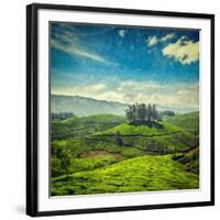 Vintage Retro Hipster Style Travel Image of Tea Plantations with Grunge Texture Overlaid. Munnar, K-f9photos-Framed Photographic Print