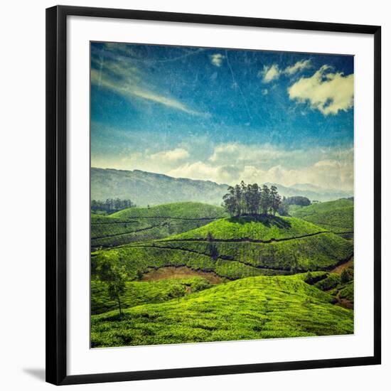 Vintage Retro Hipster Style Travel Image of Tea Plantations with Grunge Texture Overlaid. Munnar, K-f9photos-Framed Photographic Print