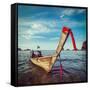 Vintage Retro Hipster Style Travel Image of Thai Long Tail Boat on Sunset, Krabi, Thailand-f9photos-Framed Stretched Canvas