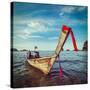 Vintage Retro Hipster Style Travel Image of Thai Long Tail Boat on Sunset, Krabi, Thailand-f9photos-Stretched Canvas