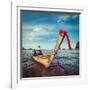 Vintage Retro Hipster Style Travel Image of Thai Long Tail Boat on Sunset, Krabi, Thailand-f9photos-Framed Photographic Print