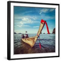 Vintage Retro Hipster Style Travel Image of Thai Long Tail Boat on Sunset, Krabi, Thailand-f9photos-Framed Photographic Print