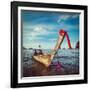 Vintage Retro Hipster Style Travel Image of Thai Long Tail Boat on Sunset, Krabi, Thailand-f9photos-Framed Photographic Print