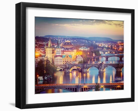 Vintage Retro Hipster Style Travel Image of Travel Prague Concept Background - Elevated View of Bri-f9photos-Framed Photographic Print