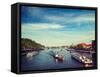 Vintage Retro Hipster Style Travel Image of Turist Boats on Vltava River in Prague, Czech Republic-f9photos-Framed Stretched Canvas