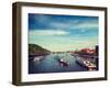 Vintage Retro Hipster Style Travel Image of Turist Boats on Vltava River in Prague, Czech Republic-f9photos-Framed Photographic Print