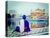 Vintage Retro Hipster Style Travel Image of Unidentifiable Seekh Nihang Warrior Meditating at Sikh-f9photos-Stretched Canvas