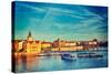 Vintage Retro Hipster Style Travel Image of Vltava River with Tourist Boats and Prague Stare Mesto-f9photos-Stretched Canvas