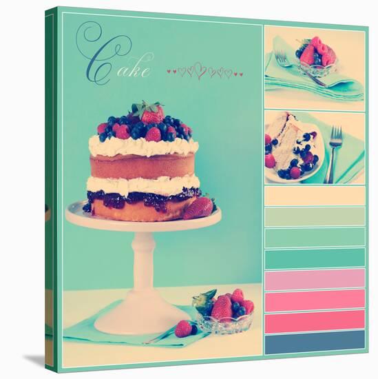 Vintage Retro Style Afternoon Tea Sponge Cake with Whipped Cream and Fresh Berries Collage of Three-Milleflore Images-Stretched Canvas