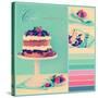 Vintage Retro Style Afternoon Tea Sponge Cake with Whipped Cream and Fresh Berries Collage of Three-Milleflore Images-Stretched Canvas