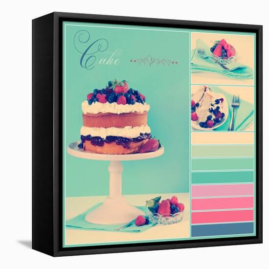 Vintage Retro Style Afternoon Tea Sponge Cake with Whipped Cream and Fresh Berries Collage of Three-Milleflore Images-Framed Stretched Canvas