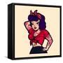 Vintage Rockabilly Pin-Up Woman Posing with Vintage Clothes and Tattoos Cartoon Vector Illustration-durantelallera-Framed Stretched Canvas