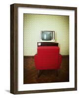 Vintage Room with Two Old Fashioned Armchair and Retro Tv over Obsolete Wallpaper. Toned-khorzhevska-Framed Photographic Print