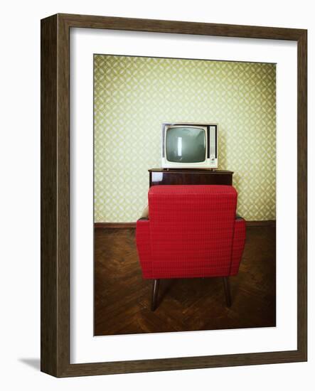 Vintage Room with Two Old Fashioned Armchair and Retro Tv over Obsolete Wallpaper. Toned-khorzhevska-Framed Photographic Print